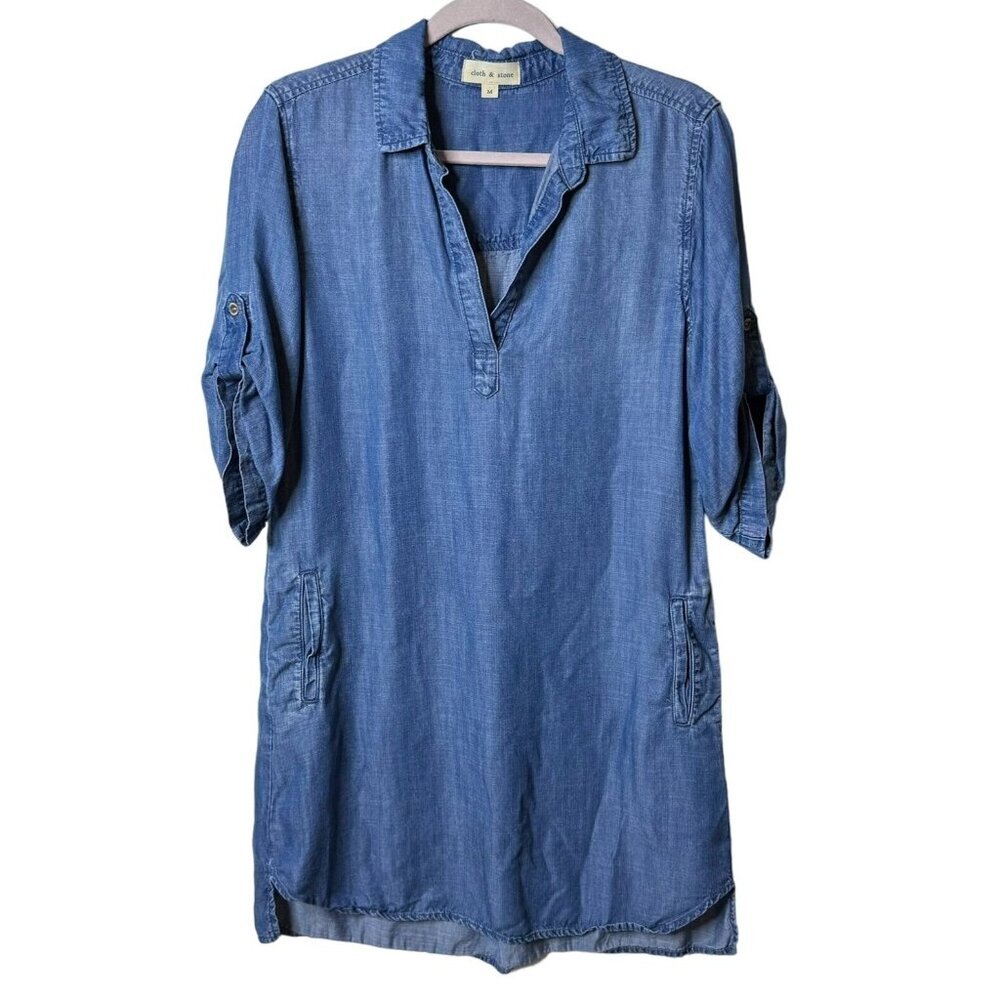 Cloth And Stone Chambray Dress Sz M Denim Blue Roll Tab Pockets Tencel Soft‎